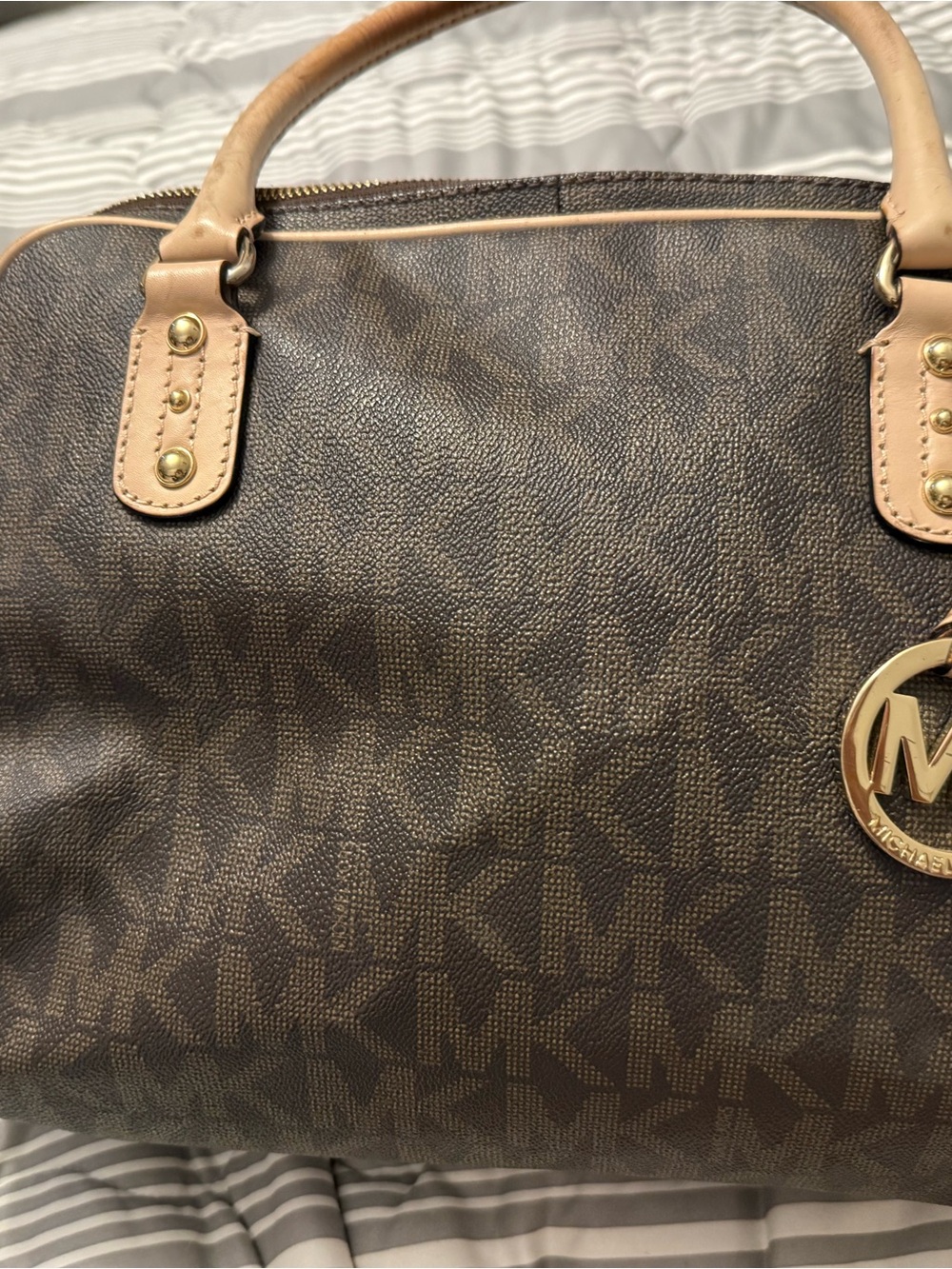 Michael Kors Brown Monogram Satchel with Tan Trim